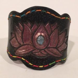 Boho Tooled Leather Cuff Bracelet Lotus Moonstone